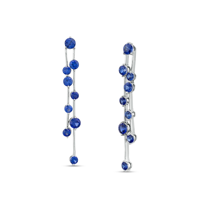 Blue Lab-Created Sapphire Graduated Scatter Double Linear Drop Earrings in Sterling Silver