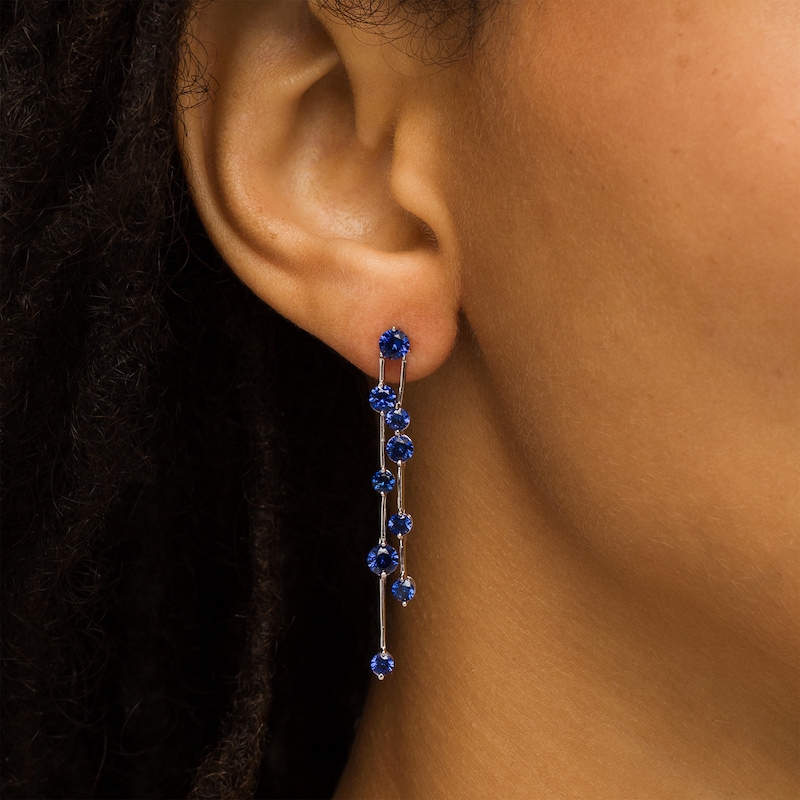 Blue Lab-Created Sapphire Graduated Scatter Double Linear Drop Earrings in Sterling Silver