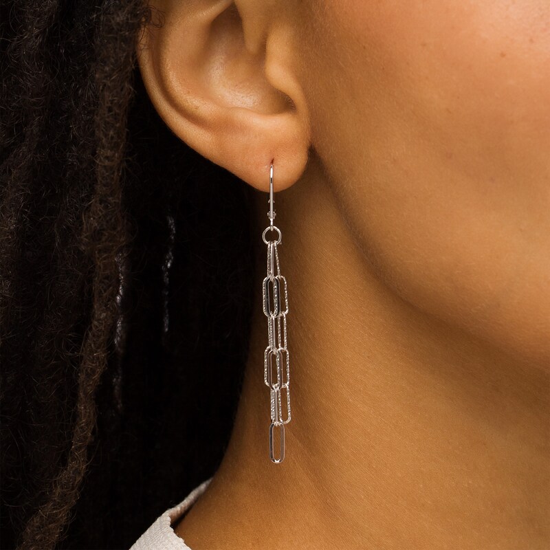 Diamond-Cut Paper Clip Chain Link Triple Linear Drop Earrings in Sterling Silver