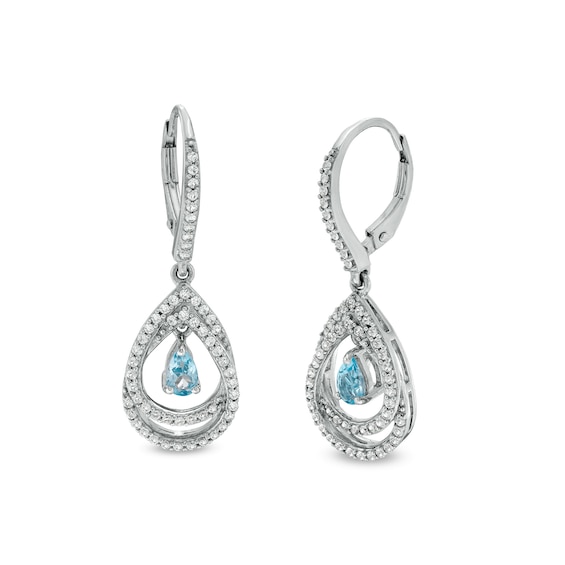 Pear-Shaped Swiss Blue Topaz and White Lab-Created Sapphire Double Loop Open Frame Teardrop Earrings in Sterling Silver