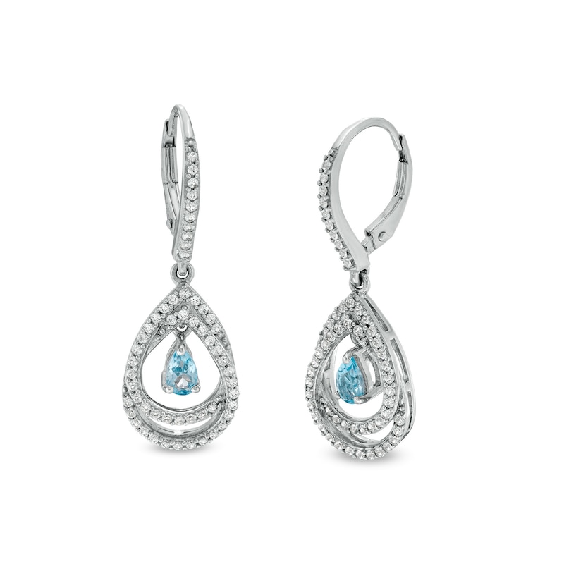 Main Image 1 of Pear-Shaped Swiss Blue Topaz and White Lab-Created Sapphire Double Loop Open Frame Teardrop Earrings in Sterling Silver