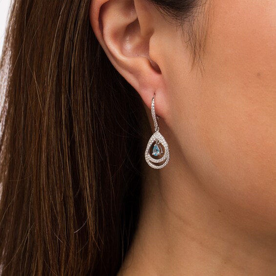 Pear-Shaped Swiss Blue Topaz and White Lab-Created Sapphire Double Loop Open Frame Teardrop Earrings in Sterling Silver