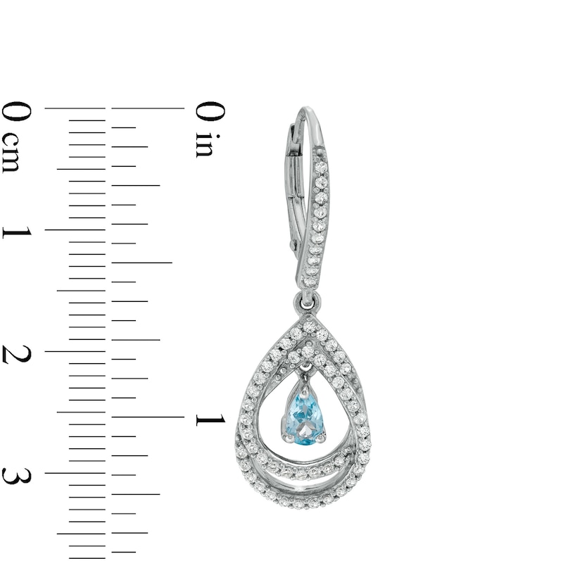 Main Image 3 of Pear-Shaped Swiss Blue Topaz and White Lab-Created Sapphire Double Loop Open Frame Teardrop Earrings in Sterling Silver