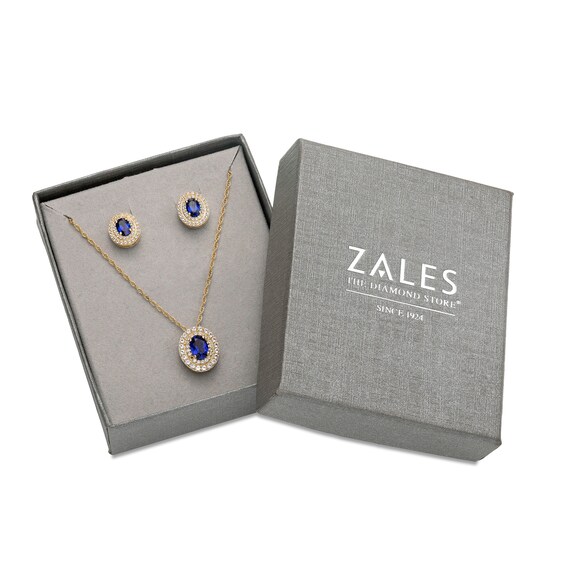 Oval Blue and White Lab-Created Sapphire Double Frame Pendant and Stud Earrings Set in 14K Gold Over Silver