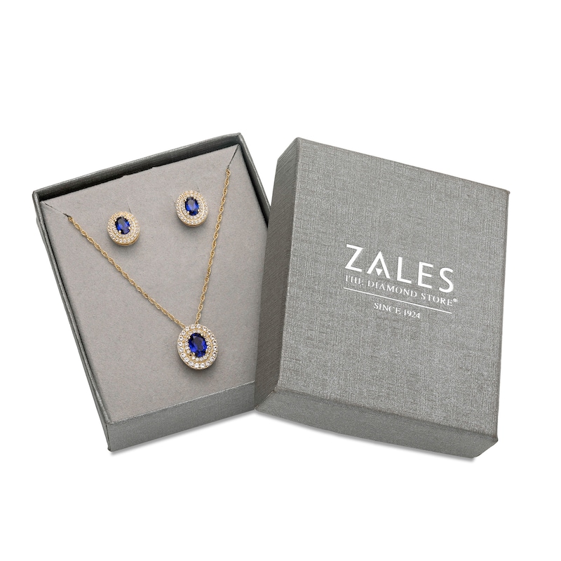 Main Image 2 of Oval Blue and White Lab-Created Sapphire Double Frame Pendant and Stud Earrings Set in 14K Gold Over Silver