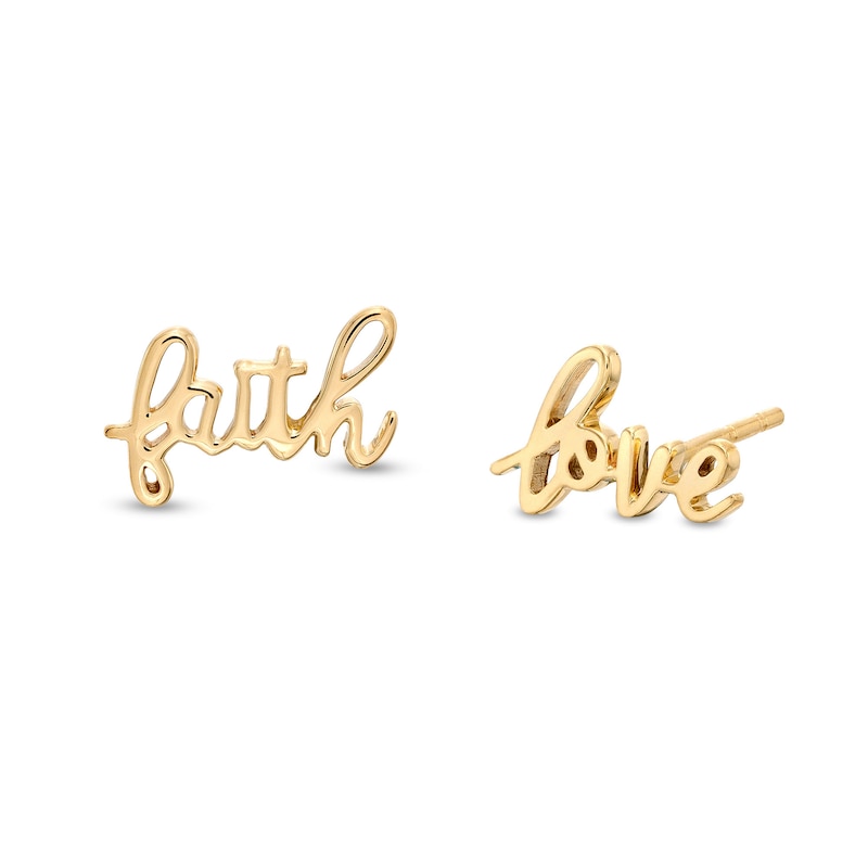 Cursive "faith" and "love" Mismatch Stud Earrings in 10K Gold