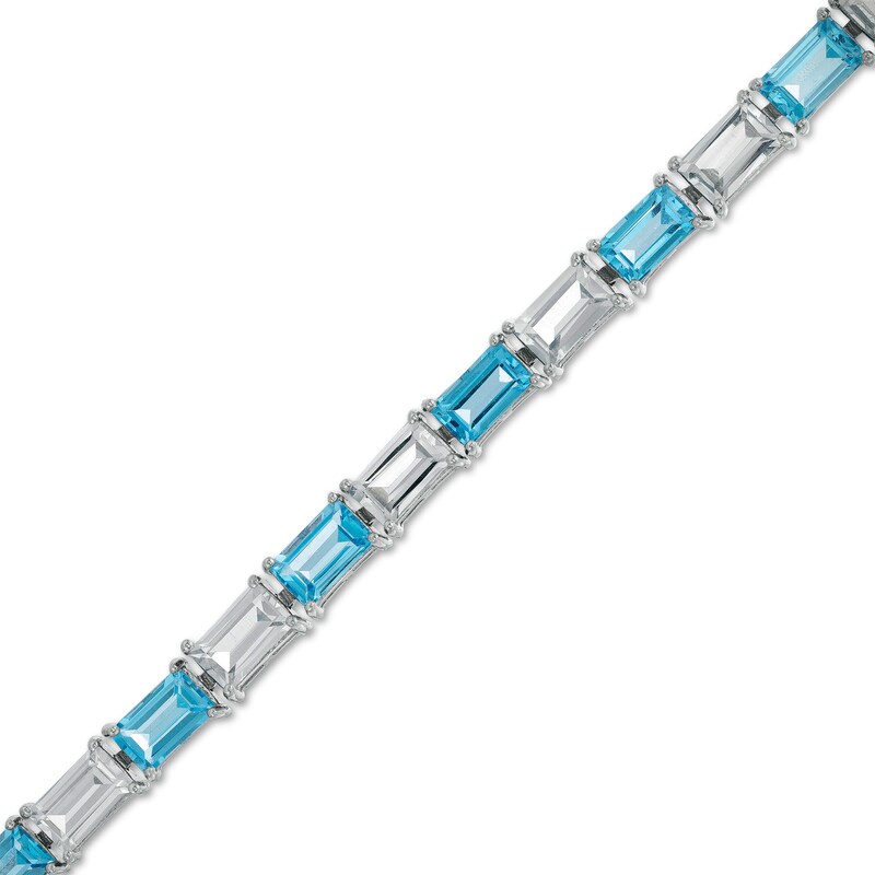 Main Image 1 of Baguette Swiss Blue Topaz and White Lab-Created Sapphire Alternating Line Bracelet in Sterling Silver - 7.25"