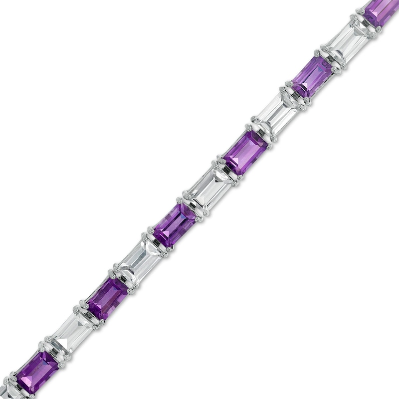 Main Image 1 of Baguette Amethyst and White Lab-Created Sapphire Alternating Line Bracelet in Sterling Silver - 7.25"