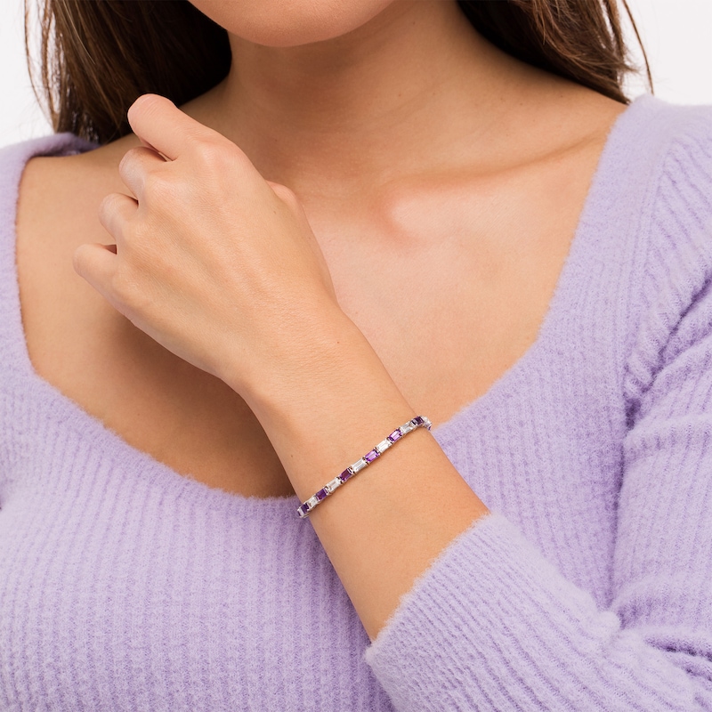 Main Image 2 of Baguette Amethyst and White Lab-Created Sapphire Alternating Line Bracelet in Sterling Silver - 7.25"