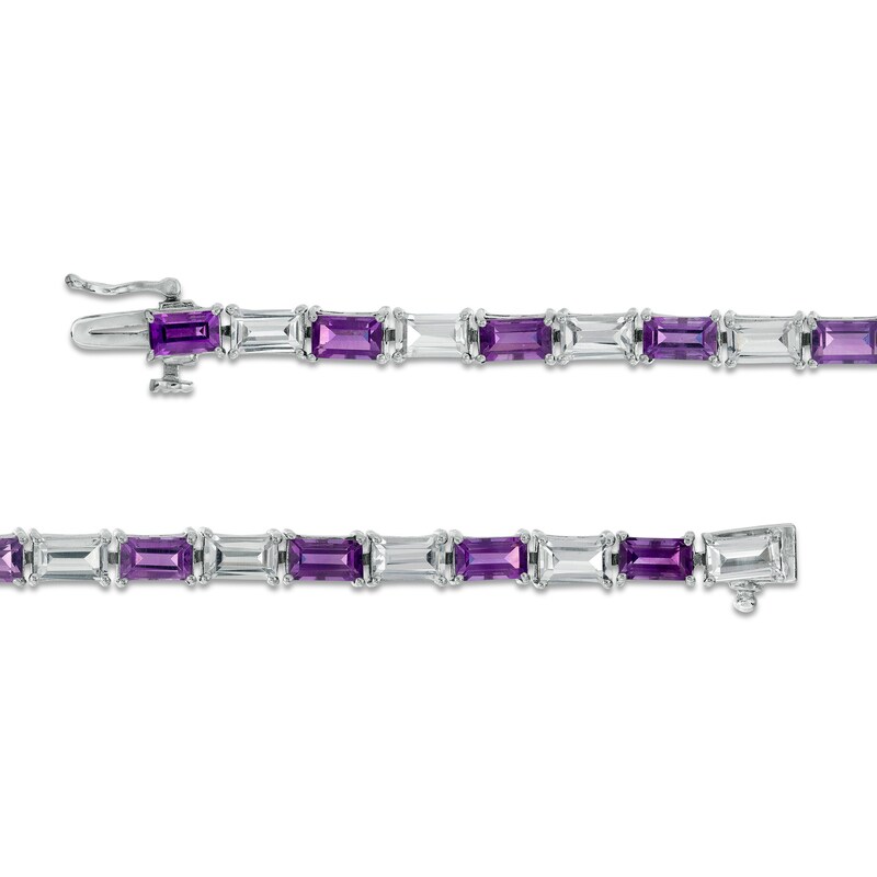 Main Image 3 of Baguette Amethyst and White Lab-Created Sapphire Alternating Line Bracelet in Sterling Silver - 7.25"