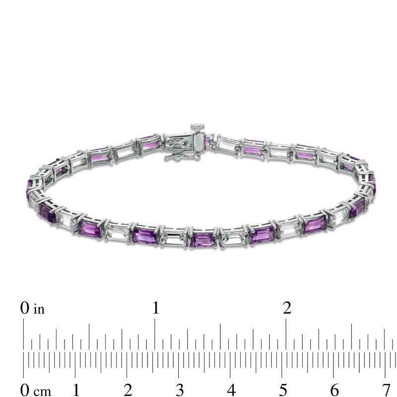 Main Image 4 of Baguette Amethyst and White Lab-Created Sapphire Alternating Line Bracelet in Sterling Silver - 7.25"