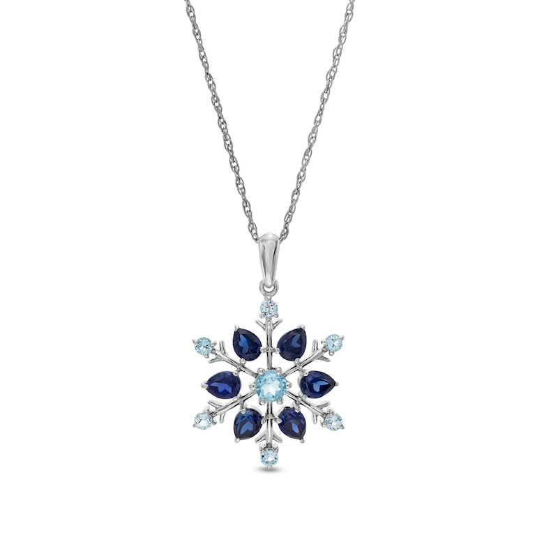 Main Image 1 of Swiss Blue Topaz and Pear-Shaped Blue Lab-Created Sapphire Snowflake Pendant in Sterling Silver