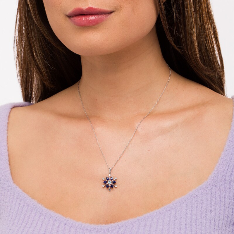 Main Image 2 of Swiss Blue Topaz and Pear-Shaped Blue Lab-Created Sapphire Snowflake Pendant in Sterling Silver