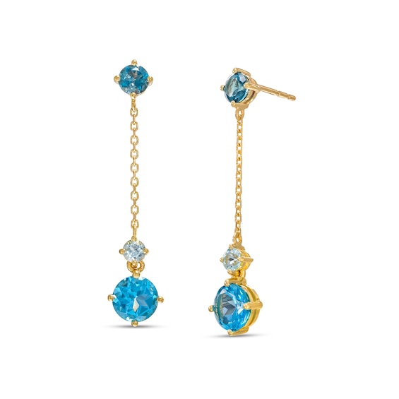 Swiss, London and Sky Blue Topaz Linear Chain Drop Earrings in 10K Gold