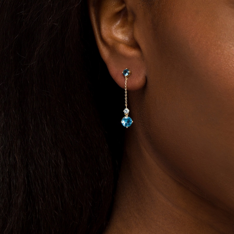 Main Image 2 of Swiss, London and Sky Blue Topaz Linear Chain Drop Earrings in 10K Gold