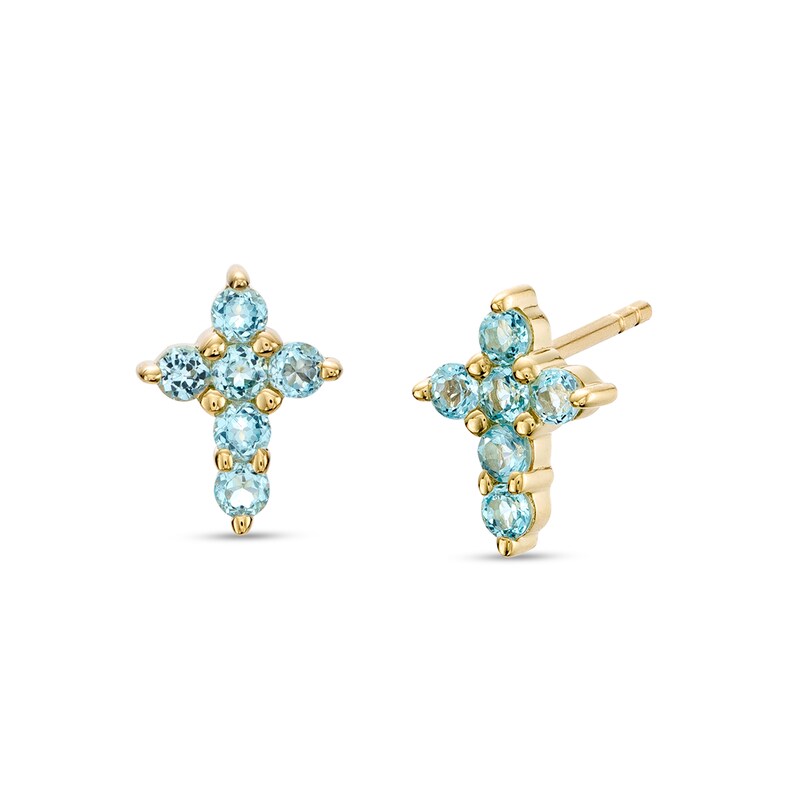 Main Image 1 of Swiss Blue Topaz Mini Cross Stud Earrings in 10K Gold