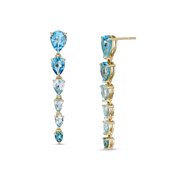 Pear-Shaped Swiss, Sky and London Blue Topaz Graduated Linear Drop Earrings in 10K Gold