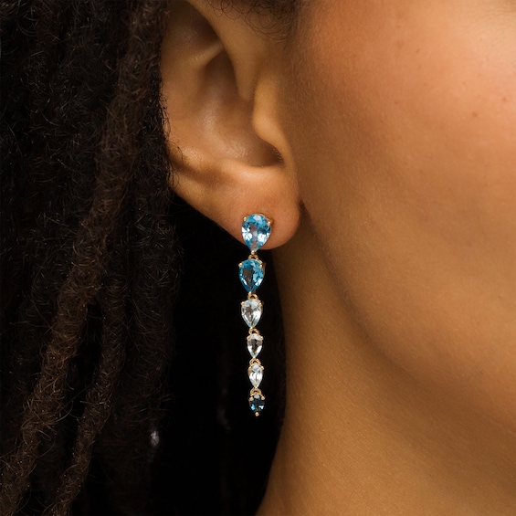 Pear-Shaped Swiss, Sky and London Blue Topaz Graduated Linear Drop Earrings in 10K Gold