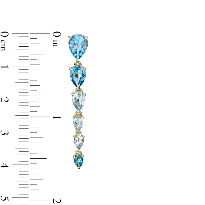 Main Image 3 of Pear-Shaped Swiss, Sky and London Blue Topaz Graduated Linear Drop Earrings in 10K Gold