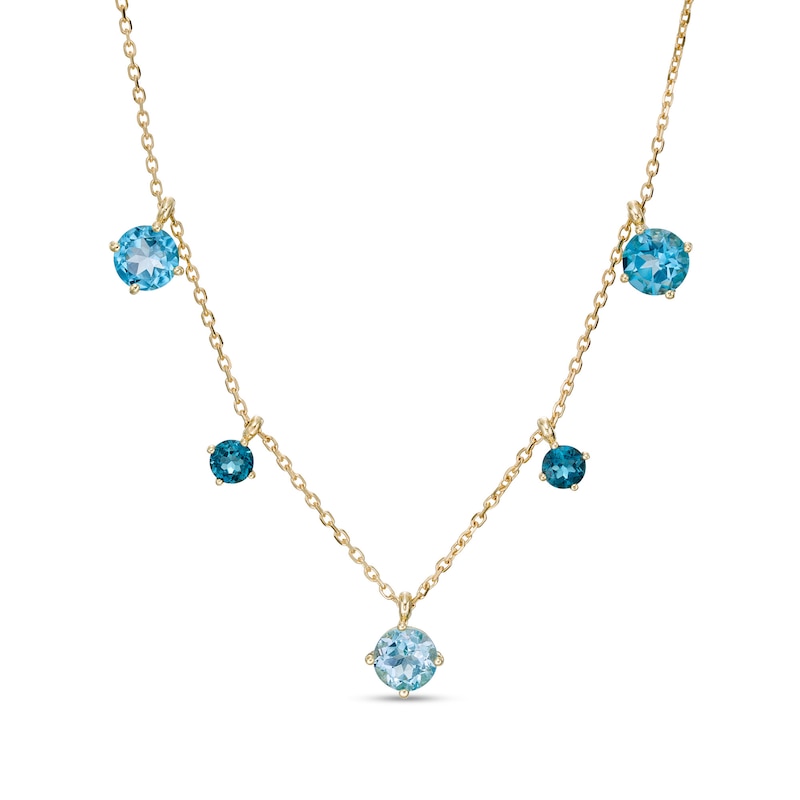 Main Image 1 of Swiss, London and Sky Blue Topaz Alternating Dangle Station Necklace in 10K Gold
