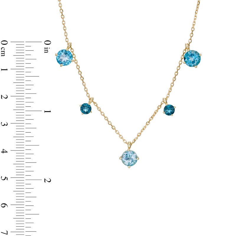 Main Image 4 of Swiss, London and Sky Blue Topaz Alternating Dangle Station Necklace in 10K Gold