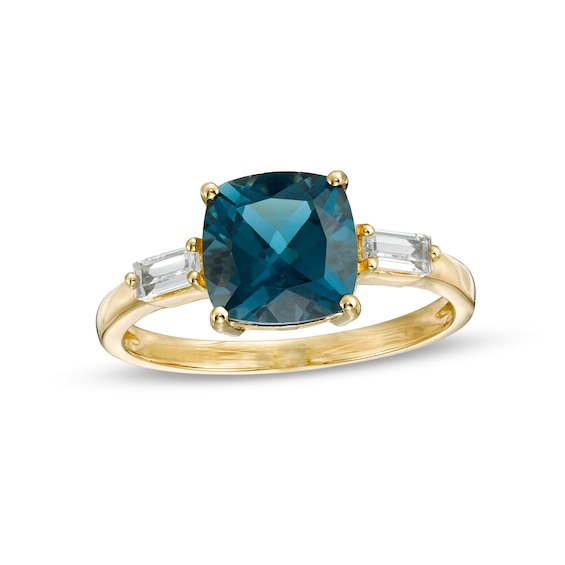 8.0mm Cushion-Cut London Blue and White Topaz Side Accent Ring in 10K Gold