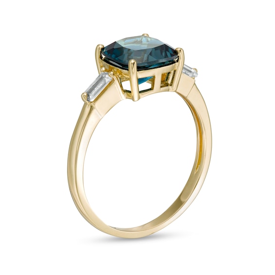 8.0mm Cushion-Cut London Blue and White Topaz Side Accent Ring in 10K Gold