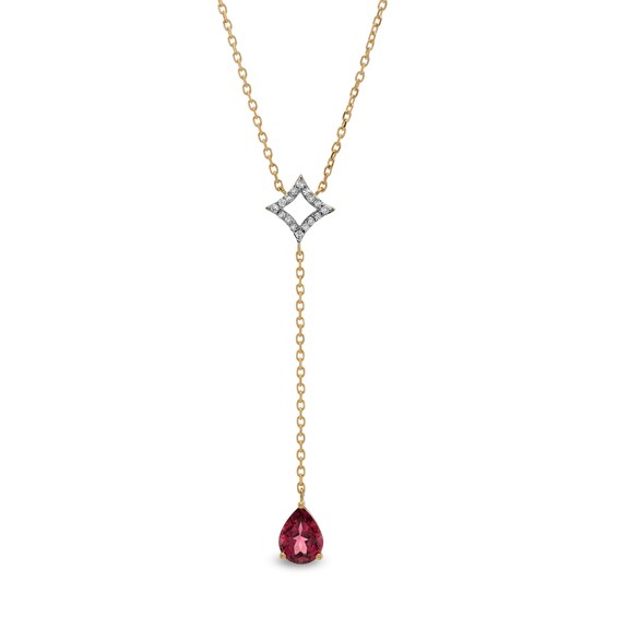 Pear-Shaped Rhodolite Garnet and 1/10 CT. T.w. Diamond Open Rhombus "Y" Necklace in 10K Gold