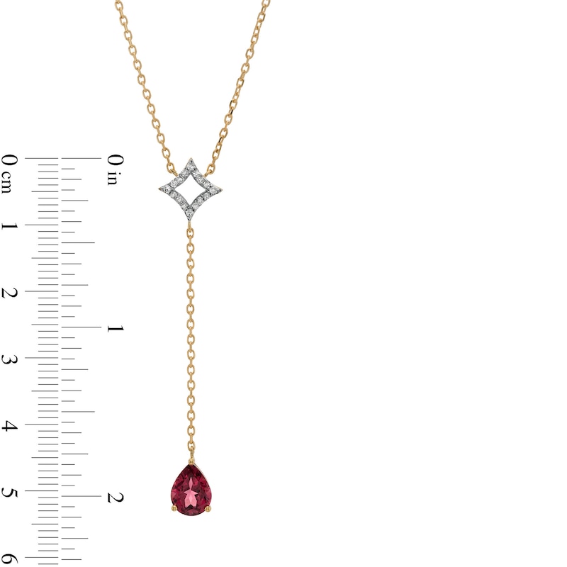 Main Image 4 of Pear-Shaped Rhodolite Garnet and 1/10 CT. T.W. Diamond Open Rhombus "Y" Necklace in 10K Gold