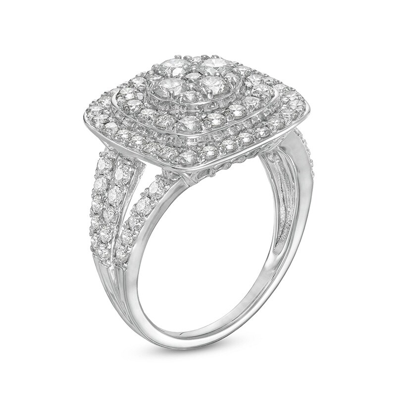 Main Image 3 of 2 CT. T.W. Cushion-Shaped Multi-Diamond Double Frame Split Shank Ring in 10K White Gold