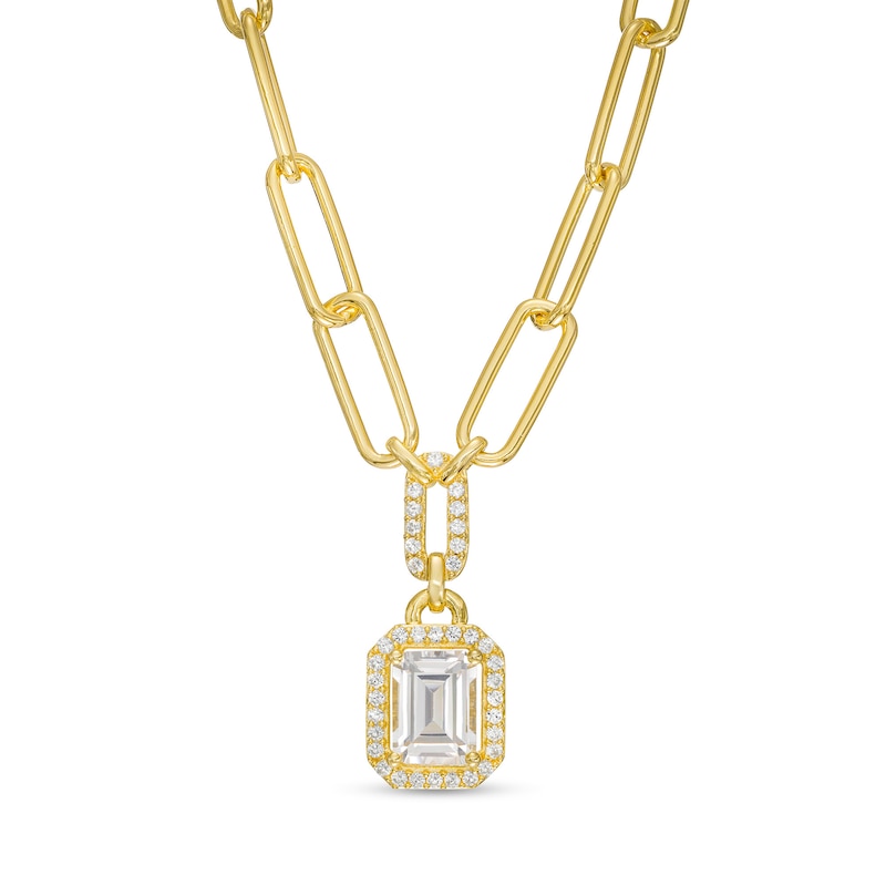 Main Image 1 of Emerald-Cut White Lab-Created Sapphire Octagonal Frame Drop Necklace in Sterling Silver with 14K Gold Plate