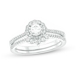 1/2 CT. T.W. Diamond Frame Vintage-Style Flower Bridal Set in 10K White Gold (I/I2)