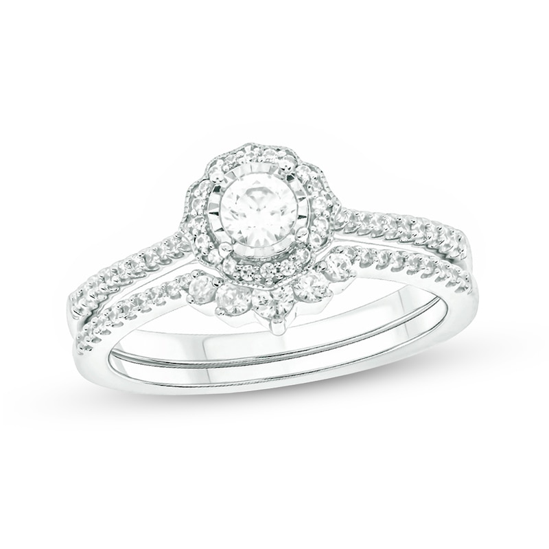 Main Image 1 of 1/2 CT. T.W. Diamond Frame Vintage-Style Flower Bridal Set in 10K White Gold (I/I2)