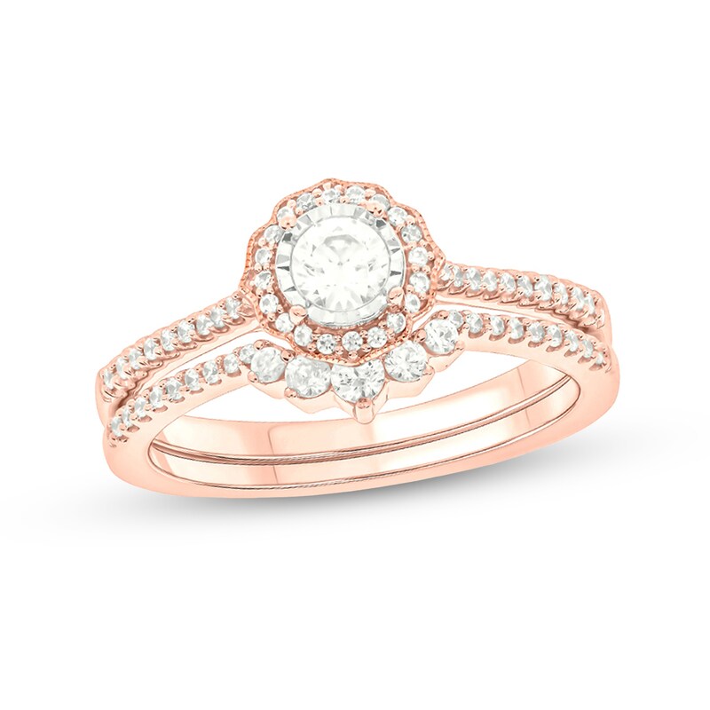 Main Image 1 of 1/2 CT. T.W. Diamond Frame Vintage-Style Flower Bridal Set in 10K Rose Gold (I/I2)