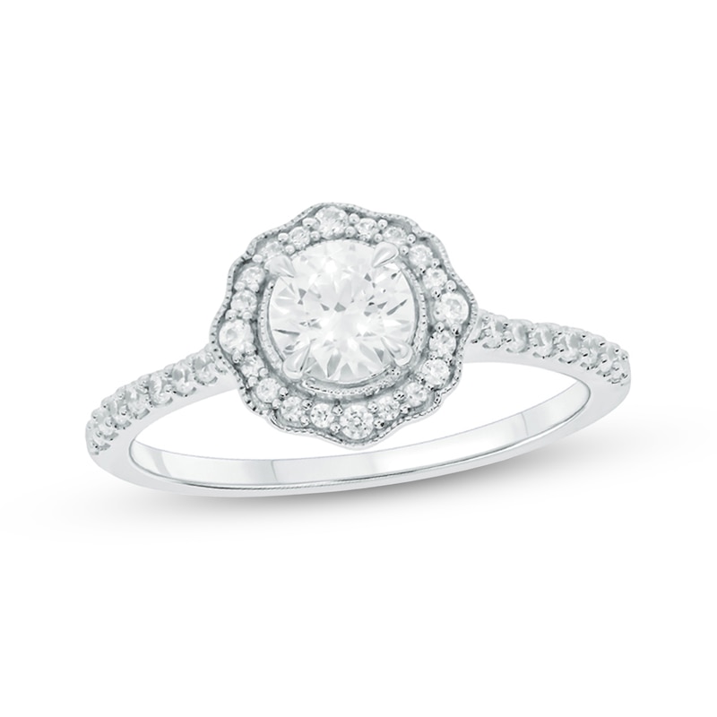 Main Image 1 of 3/4 CT. T.W. Diamond Frame Vintage-Style Flower Engagement Ring in 14K White Gold (I/I2)