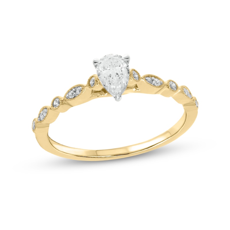 Main Image 1 of 1/2 CT. T.W. Pear-Shaped Diamond Vintage-Style Scallop Shank Engagement Ring in 10K Gold (I/I2)