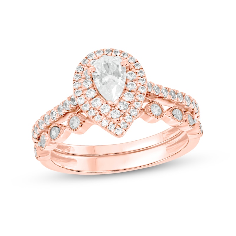 Main Image 1 of 1 CT. T.W. Pear-Shaped Diamond Double Frame Vintage-Style Bridal Set in 10K Rose Gold (I/I2)