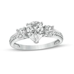 Pear-Shaped White Lab-Created Sapphire and 1/6 CT. T.W. Diamond Three Stone Engagement Ring in 10K White Gold