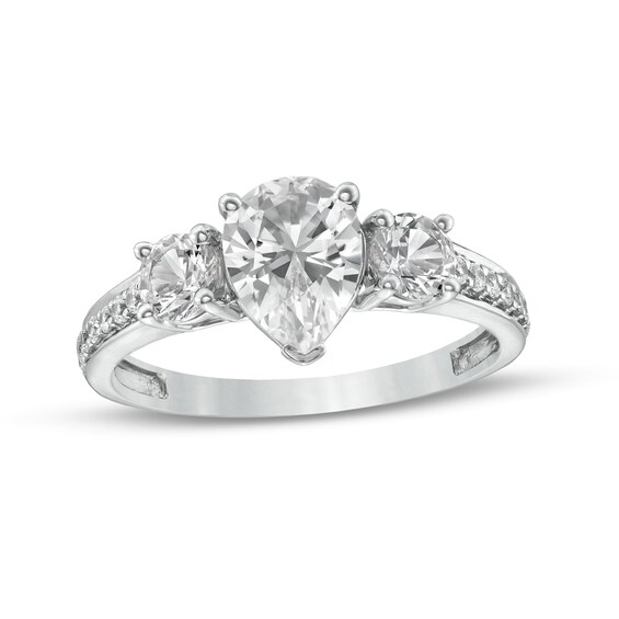 Pear-Shaped White Lab-Created Sapphire and 1/6 CT. T.w. Diamond Three Stone Engagement Ring in 10K White Gold