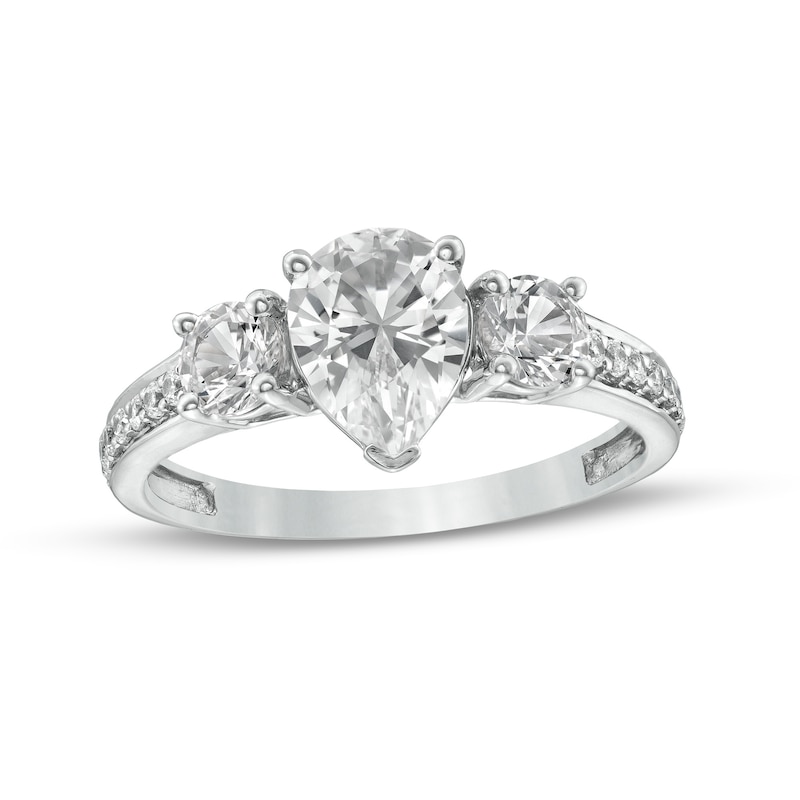 Main Image 1 of Pear-Shaped White Lab-Created Sapphire and 1/6 CT. T.W. Diamond Three Stone Engagement Ring in 10K White Gold