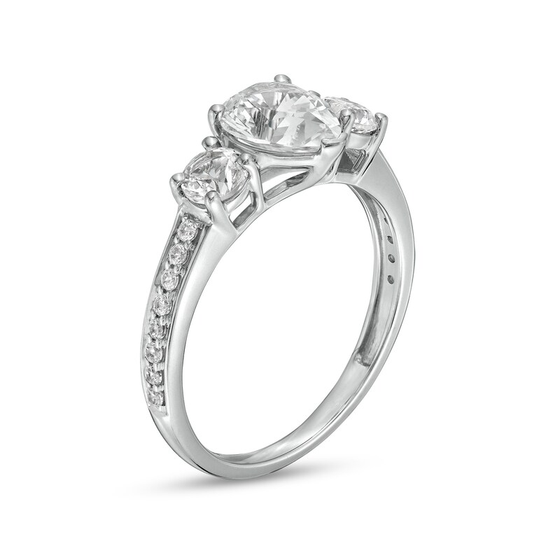 Main Image 2 of Pear-Shaped White Lab-Created Sapphire and 1/6 CT. T.W. Diamond Three Stone Engagement Ring in 10K White Gold