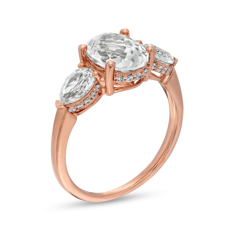 Main Image 3 of Oval White Lab-Created Sapphire and 1/6 CT. T.W. Diamond Frame Three Stone Engagement Ring in 10K Rose Gold