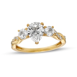 Pear-Shaped White Lab-Created Sapphire and 1/10 CT. T.W. Diamond Vintage-Style Ring in 10K Gold