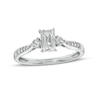 Thumbnail Image 0 of Emerald-Cut White Lab-Created Sapphire and 1/20 CT. T.W. Diamond Three Stone Promise Ring in Sterling Silver