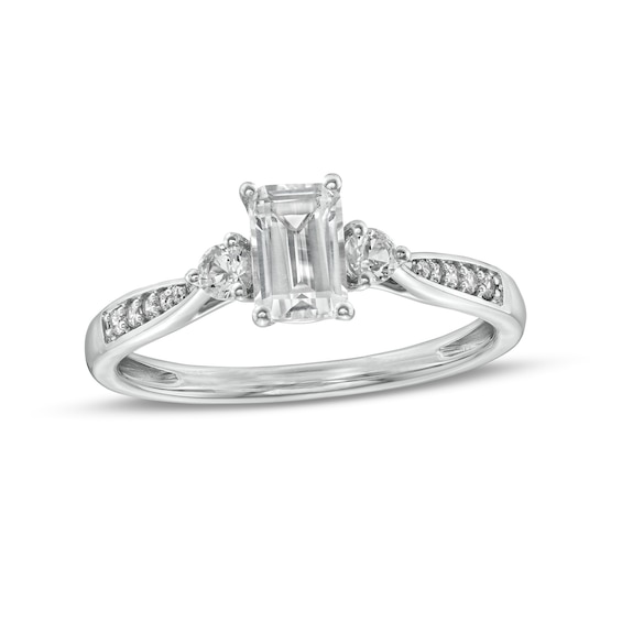 Emerald-Cut White Lab-Created Sapphire and 1/20 CT. T.w. Diamond Three Stone Promise Ring in Sterling Silver