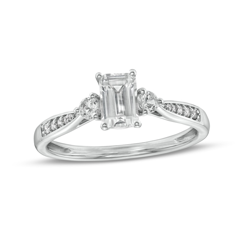 Emerald-Cut White Lab-Created Sapphire and 1/20 CT. T.W. Diamond Three Stone Promise Ring in Sterling Silver