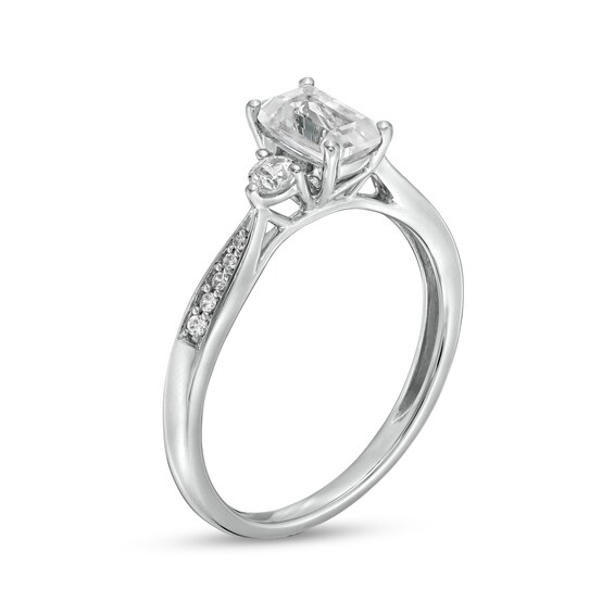 Emerald-Cut White Lab-Created Sapphire and 1/20 CT. T.w. Diamond Three Stone Promise Ring in Sterling Silver