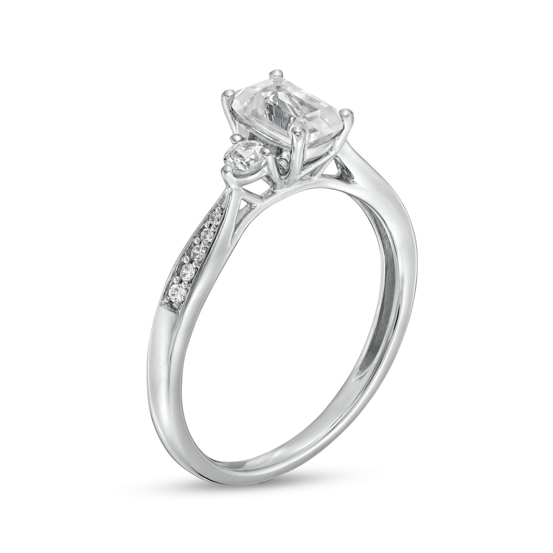 Emerald-Cut White Lab-Created Sapphire and 1/20 CT. T.W. Diamond Three Stone Promise Ring in Sterling Silver