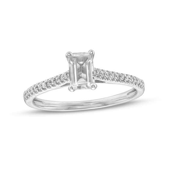 Emerald-Cut White Lab-Created Sapphire and 1/10 CT. T.w. Diamond Promise Ring in 10K White Gold