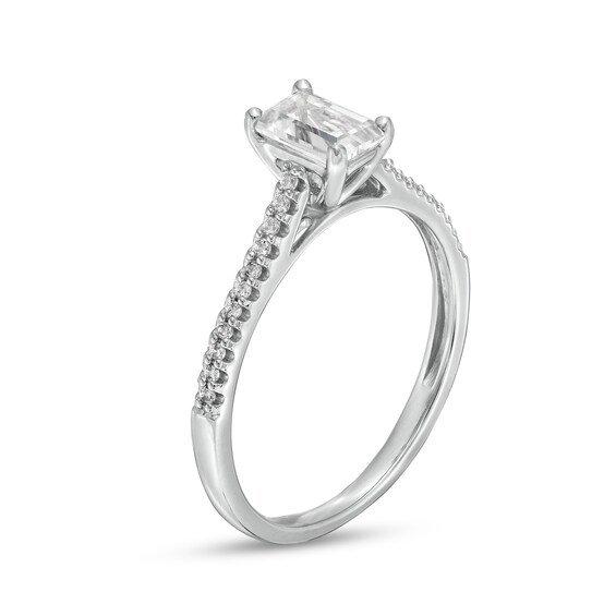 Emerald-Cut White Lab-Created Sapphire and 1/10 CT. T.w. Diamond Promise Ring in 10K White Gold